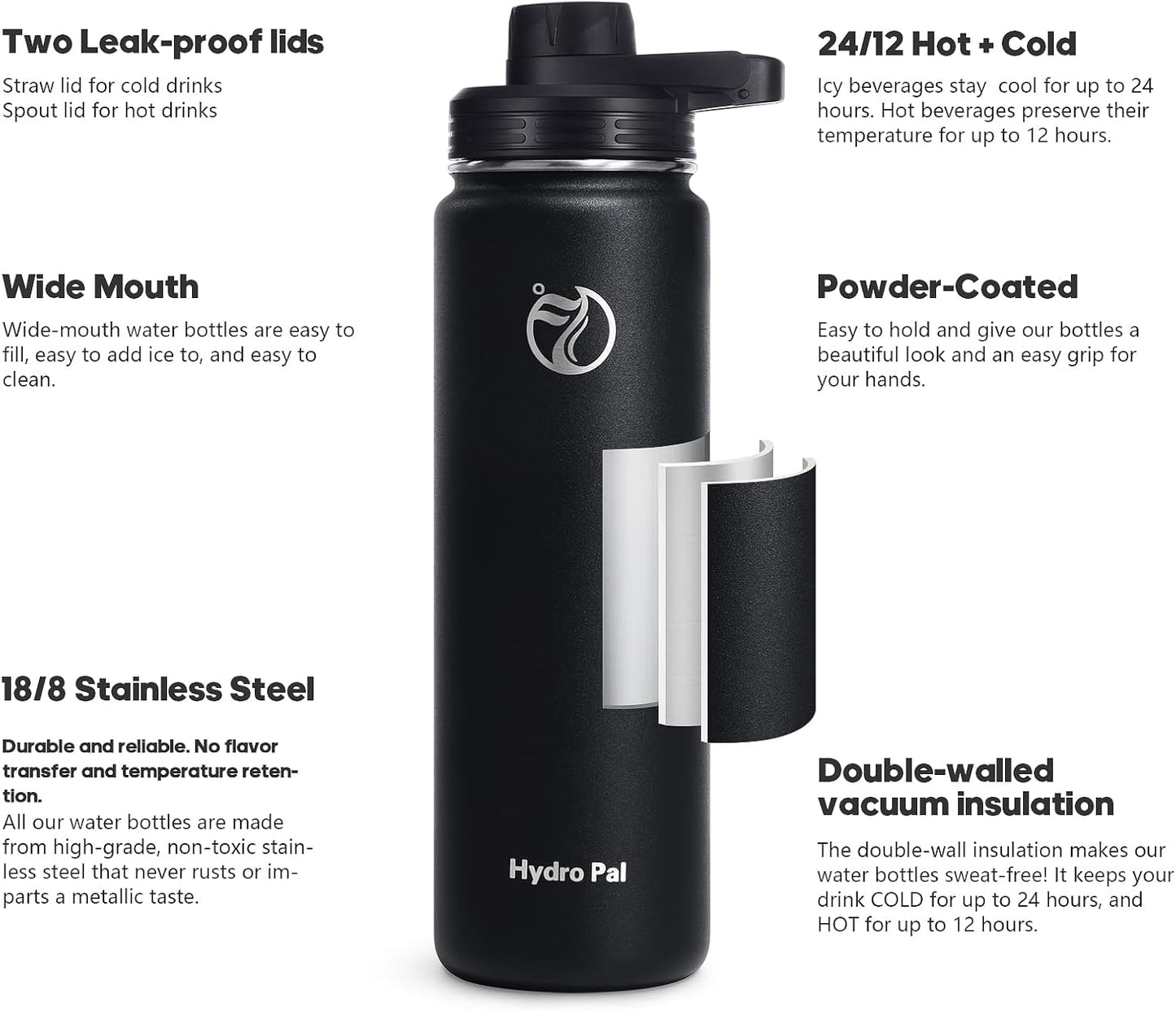 HydroPal Vacuum Insulated Stainless Steel Water Bottle, 1200ml/1000ml/750ml- 2 Lids