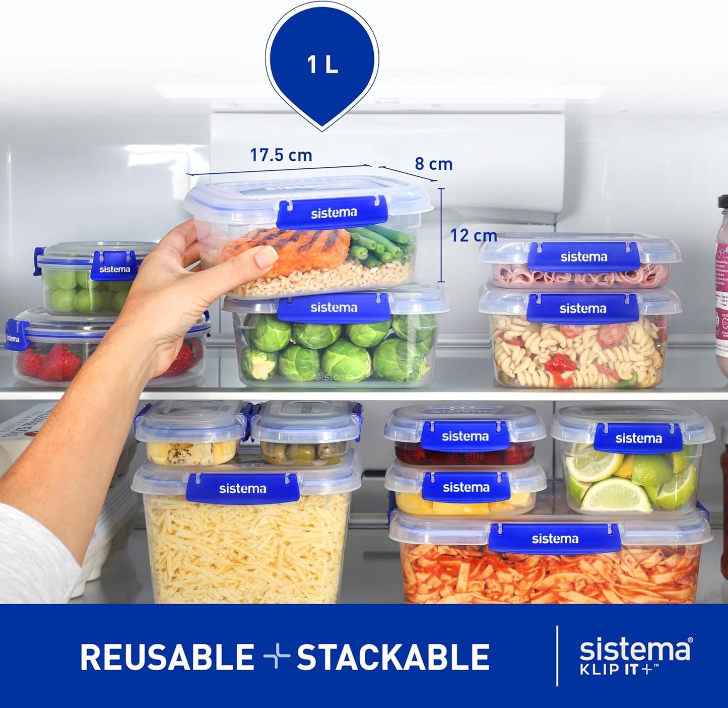 Sistema KLIP IT PLUS Leakproof Food Storage Containers | 1 L | Airtight, Stackable & Nestable Meal Prep Containers with Lids | School Lunch Boxes | 3 Count