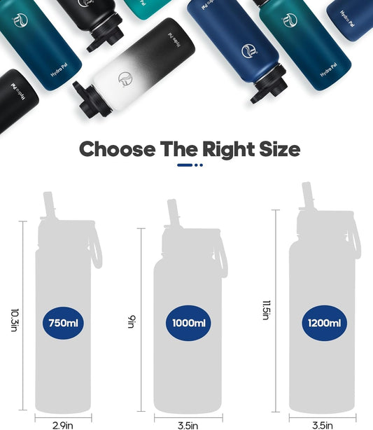 HydroPal Vacuum Insulated Stainless Steel Water Bottle, 1200ml/1000ml/750ml- 2 Lids